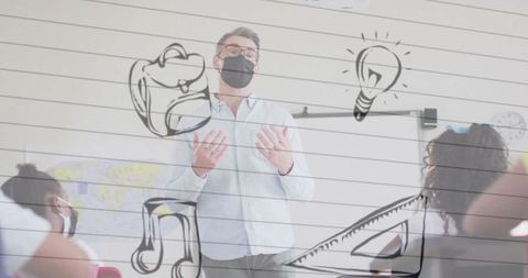 Masked teacher explaining lessons to students in classroom