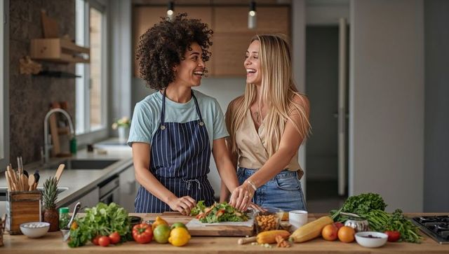 Friends preparing fresh salad together in sunlit modern kitchen, laughing and cooking