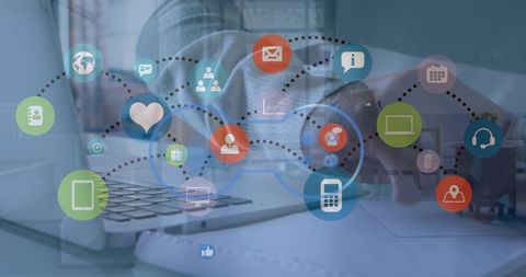 Businessman networking online with social media on laptop