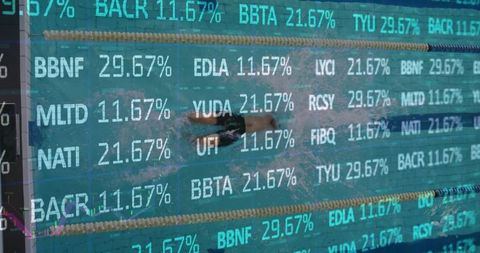 Athlete Swimming in Pool with Financial Data Overlay