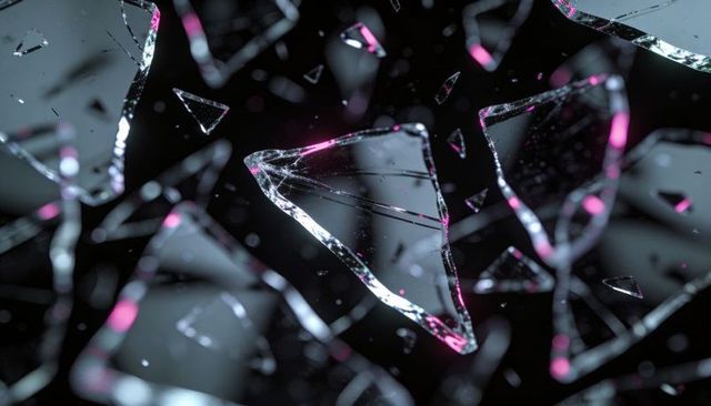 Floating shattered glass shards with magenta rim lighting, macro crystal fragments