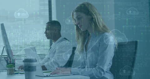 Diverse Team in Office with Data Overlay