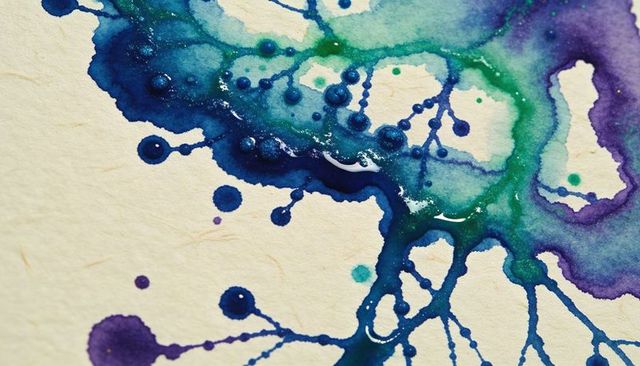 Blue green purple watercolor splatter with shiny pigment pools on textured paper closeup