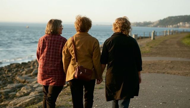 Senior women walking hand in hand along coastal promenade at golden hour