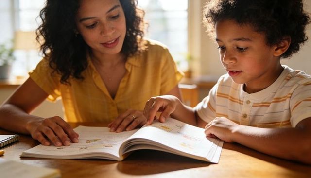 Mother tutoring son at kitchen table reading workbook together, warm home learning moment