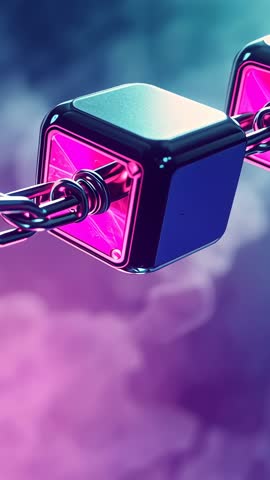 Rotating Linked Cubes Pulsing Magenta Glow Vertical Futuristic Tech Motion Loop