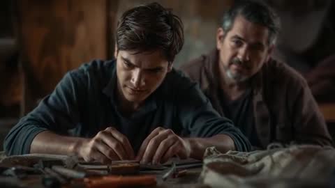 Apprentice Aligning Wood Piece While Mentor Observing in Carpentry Workshop Instructional Video