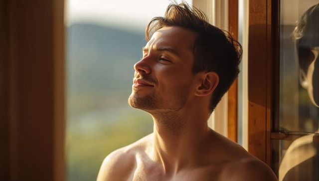 Young man basking at sunlit window bare-chested enjoying warm golden-hour glow