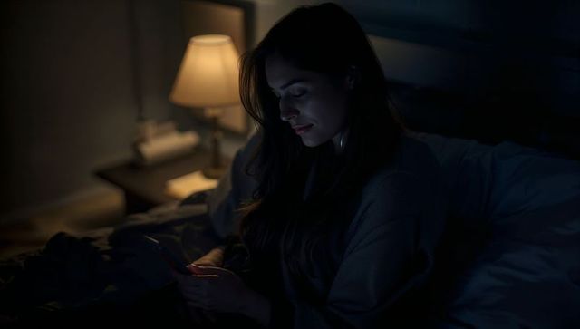 Woman checking smartphone in bed at night with warm lamp glow, intimate bedroom moment