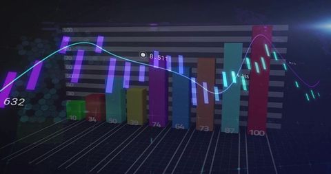 Neon holographic analytics dashboard displaying 3D bar chart and flowing teal trend line