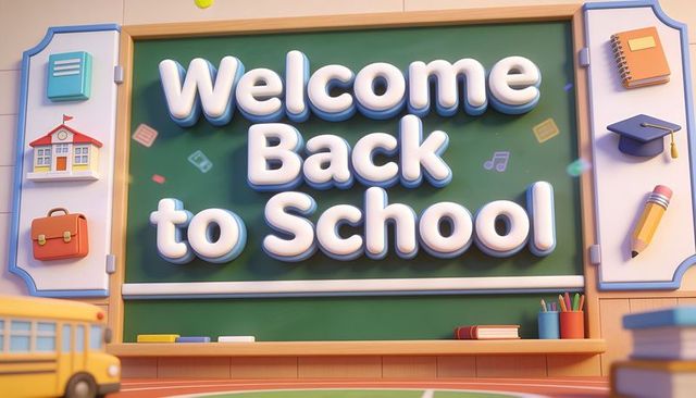 Welcoming students back to school cheerful classroom chalkboard with school icons