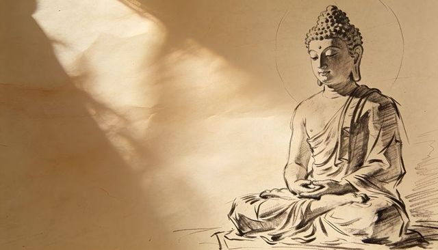 Meditating buddha charcoal sketch on aged sepia parchment with halo and gentle sunlight