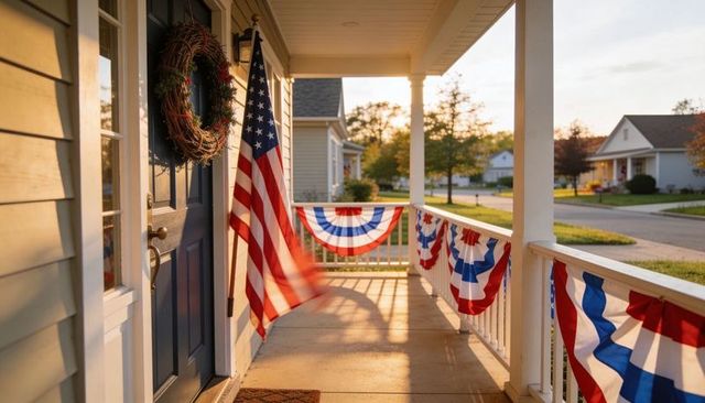 Sunlit porch waving american flag with patriotic bunting at golden hour