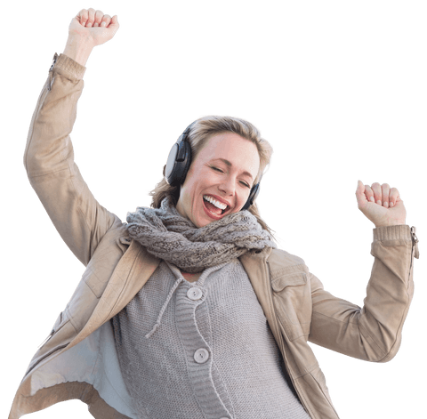 Joyful Caucasian Woman Enjoying Music with Headphones on Transparent Background