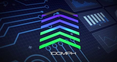 Neon Chevron Speed HUD with Circuit Grid, Futuristic Dashboard Interface at 100MPH