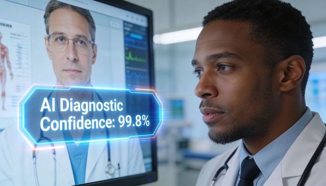 Physician reviewing ai diagnostic confidence on clinical monitor for telemedicine