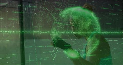Midadult woman holding smartphone viewing green holographic data globe with analytic hud