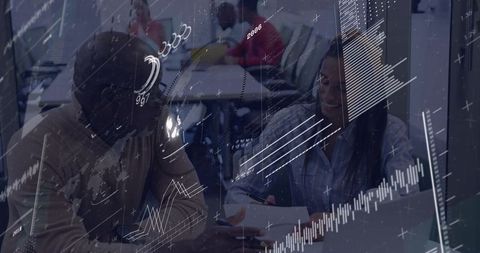 Collaborating over documents with digital analytics overlays, teamwork in modern workspace