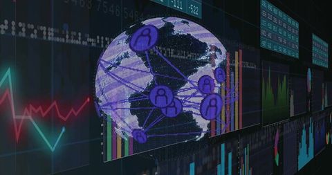 Digital globe displaying global network connections over financial analytics dashboard