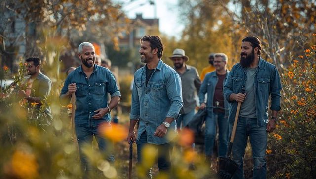 Volunteer men clearing community woodland path wearing denim shirts and jeans in autumn