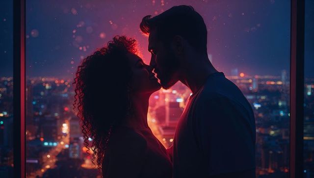 Intimate couple kissing silhouette framed by neon city skyline at night