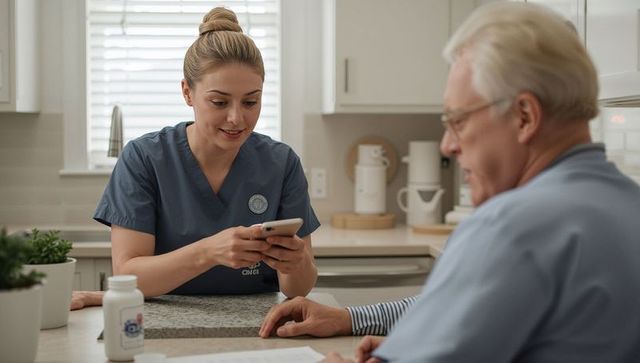 Caregiver checking smartphone while discussing medication with senior in sunlit kitchen