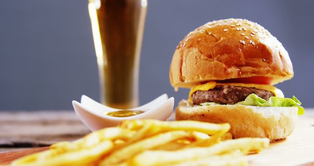 A juicy cheeseburger with lettuce and sesame bun is paired with golden French fries and a side of dipping sauce, with a glass of beer in the background. This appetizing setup is a classic representation of popular fast food cuisine.