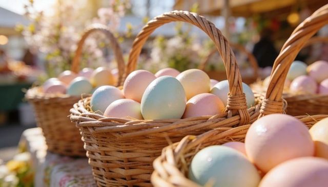 Pastel easter eggs in wicker baskets on market table with spring blossoms and sunlight