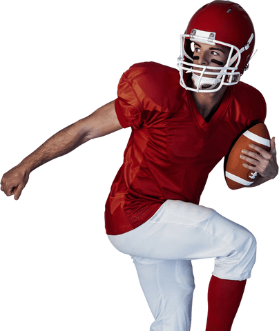 Transparent football player mid-action with helmet and ball