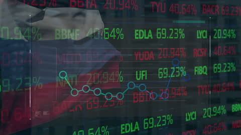 Digital Financial Data Overlay on Russian Flag
