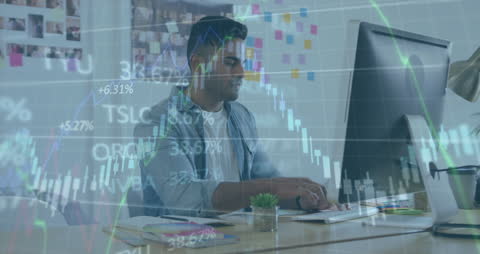 Man Analyzing Stock Market Trends on Computer with Financial Data Overlay