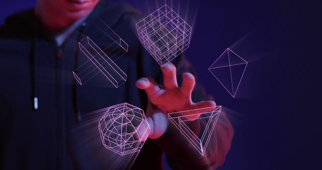 Person interacting with glowing geometric shapes floating in the air. Useful for concepts involving futuristic technology, digital interactions, virtual reality, and innovative design solutions.