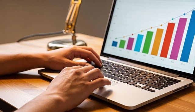 Hands typing on laptop displaying colorful rising bar chart on wooden desk lamp glow