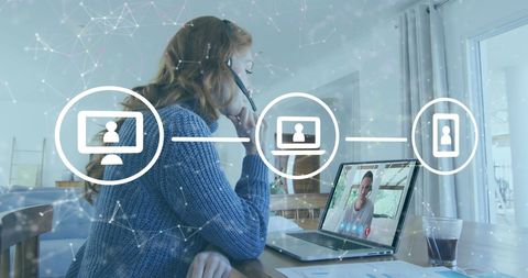 woman working remotely using headset and laptop with network visualization - Download Free Stock Images Pikwizard.com