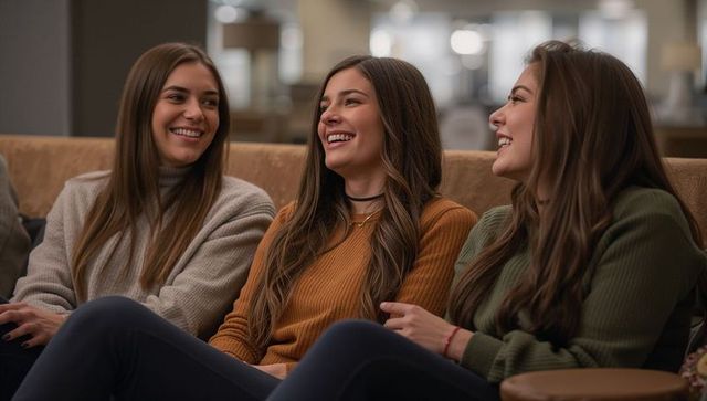 Three young women laughing on sofa in cozy lounge wearing knit sweaters and casual outfits