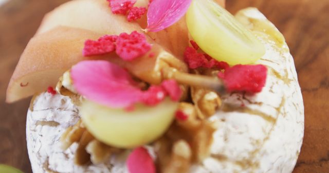 Gourmet Cheese with Fresh Fruits and Edible Flowers on Wooden Board - Download Free Stock Images Pikwizard.com