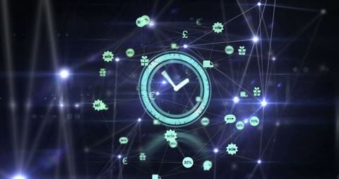 futuristic clock displaying digital connectivity and financial icons - Download Free Stock Images Pikwizard.com