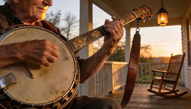 Senior man strumming floral-inlay banjo on rustic porch at golden hour
