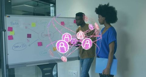 Colleagues collaborating with innovative network hologram