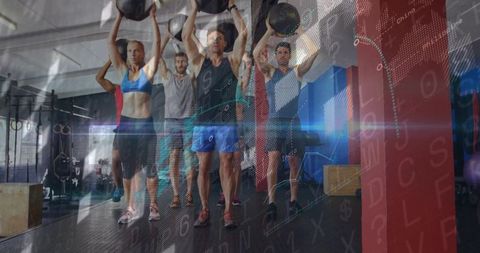 Fitness class performing medicine ball overhead presses with digital analytics overlay