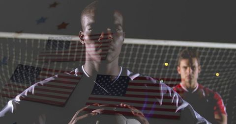Holding ball under stadium lights in front of goal with american flag overlay