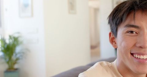 Young asian man smiling on sofa with indoor plant and bright living room copy space