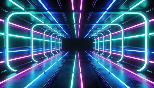 Neon futuristic tunnel leading toward dark portal with reflective floor and symmetry