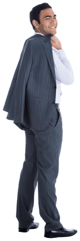 Happy Biracial Businessman Saluting with Suit in Hand