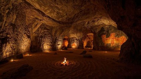 Ancient Cave Chamber with Campfire and Rock Art
