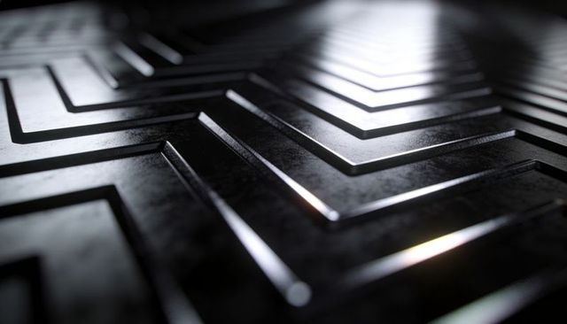 Macro Reflective Black Metal Chevron Panel with Raised Grooves and Specular Highlights