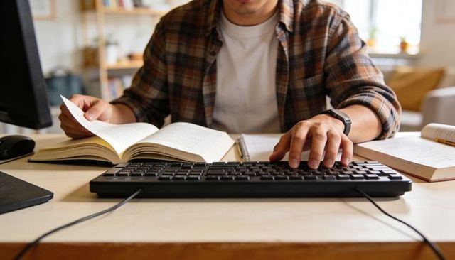 Asian student typing on wired keyboard while turning book page at home study workspace