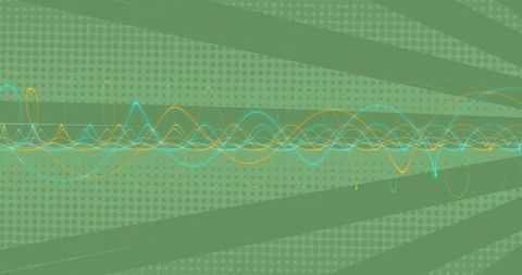 Cyan and Yellow Waveform Running Across Green Halftone Rays Abstract Sound Pattern