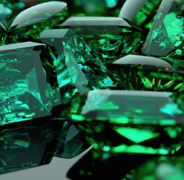 Close up of emeralds created using generative ai technology. Gem, stone and jewellery concept, digitally generated image.