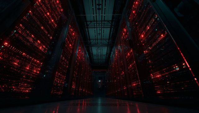 Glowing red data center aisle showing server racks and cybersecurity atmosphere